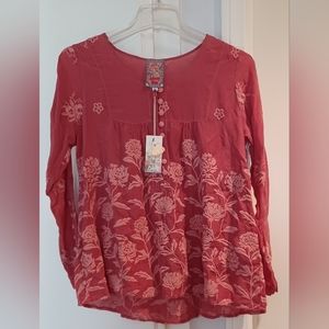 NWT Johnny Was XS Garland Sage Blouse Dusty Cedar Long Sleeve Embroidered Boho